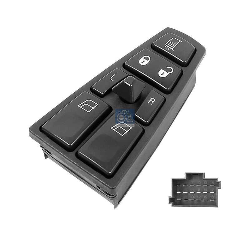 Druckschalter L (anzahl der Pins 18, Fenster- und Spiegelsteuerung) passt zu: VOLVO 9700, 9900, FH, FH II, FH12, FH16, FH16 II, FM, FM II, FM12, FM9, FMX, NH12 08.93-