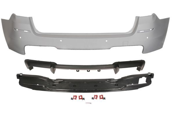 Stoßstange (hinten, mit Spoiler, M-PAKIET, mit Löchern für Parkometer, zum lackieren, ausschnitt für Auspuffrohr: doppelt, zwei) passt zu: BMW 5 F10, F11 Kombi 12.09-02.17