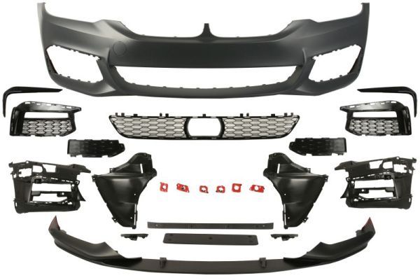 Stoßstange (vorne, mit Radarhalterung, mit Spoiler, M PERFORMANCE, mit Attrappe, mit Löchern für Halogenscheinwerfer, zum lackieren) passt zu: BMW 5 G30, G31, G38, F90 02.17-04.20